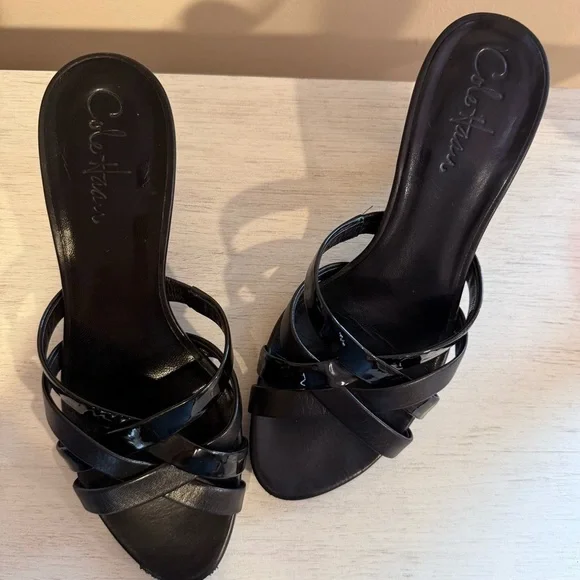 Cole Haan Air Alina Slide Black Patent Low Heel Sandals Size 6.5 in Box - Picture 2 of 9